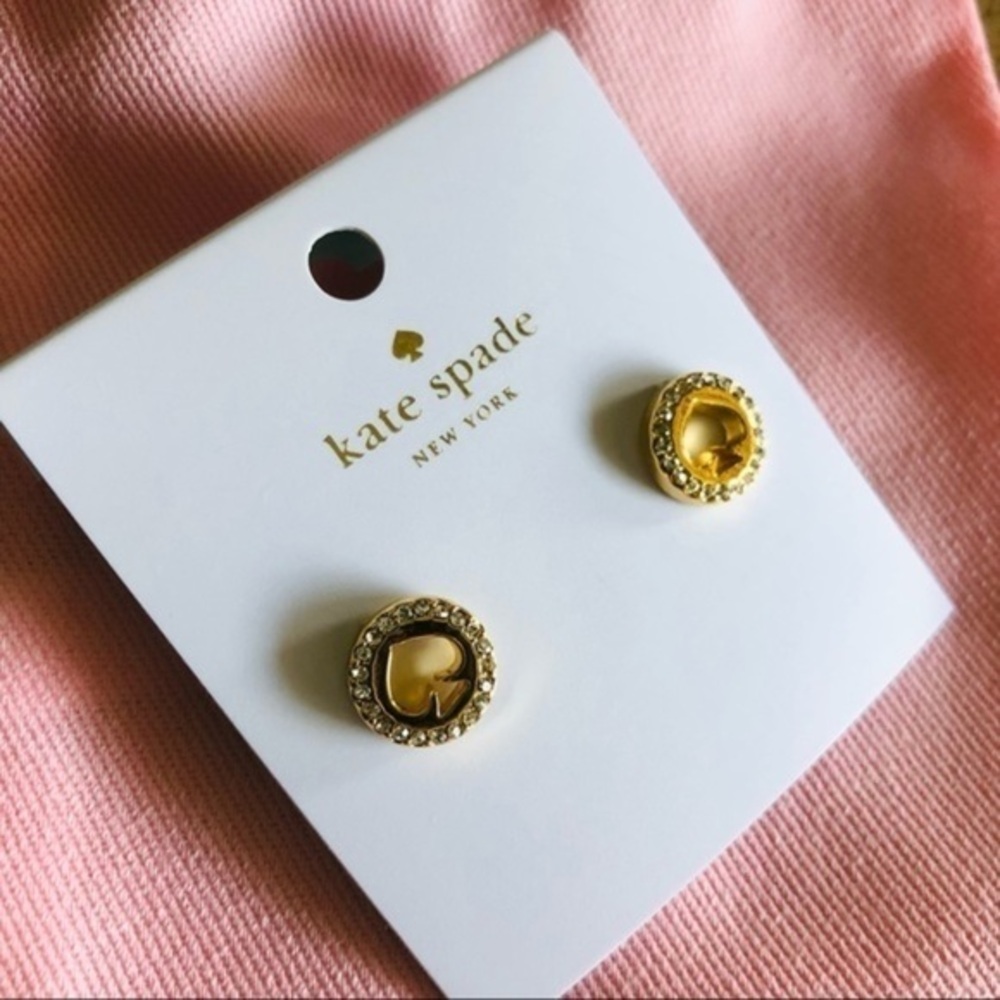 Kate Spade Gold Spade Logo Stud Earrings Pavé Crystal Round NWT